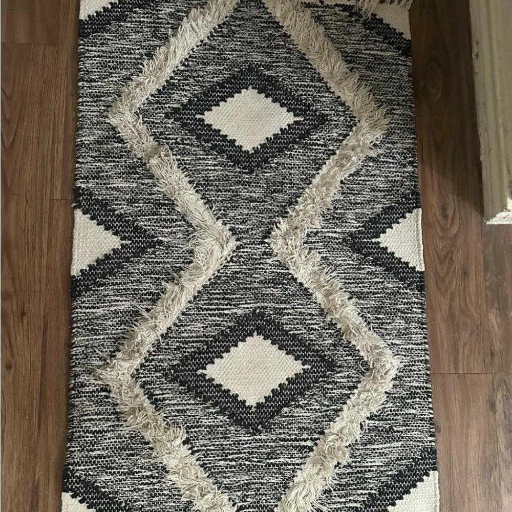 World market washable Neutral Black and Cream Geometric Accent Rug - Brand